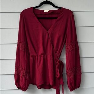 Promesa Maroon Peplum Wrap Blouse with Lace Details